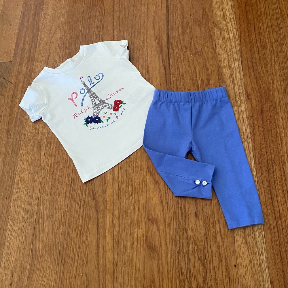 Ralph Lauren Embroidered Eiffel Tower White Top and Blue Leggings Set